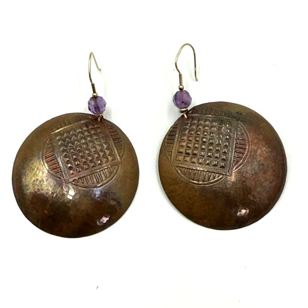Handmade Hammered Copper Disc‎ Earrings Amethyst Bead Geometric Boho Statement